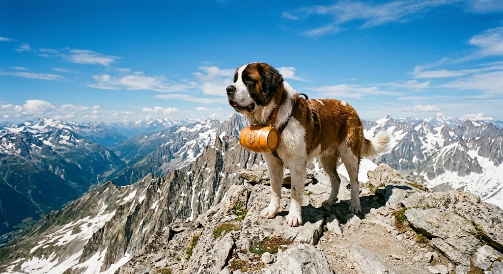 A St Bernard with a Bitcoin barrel standing on a mountain summit
