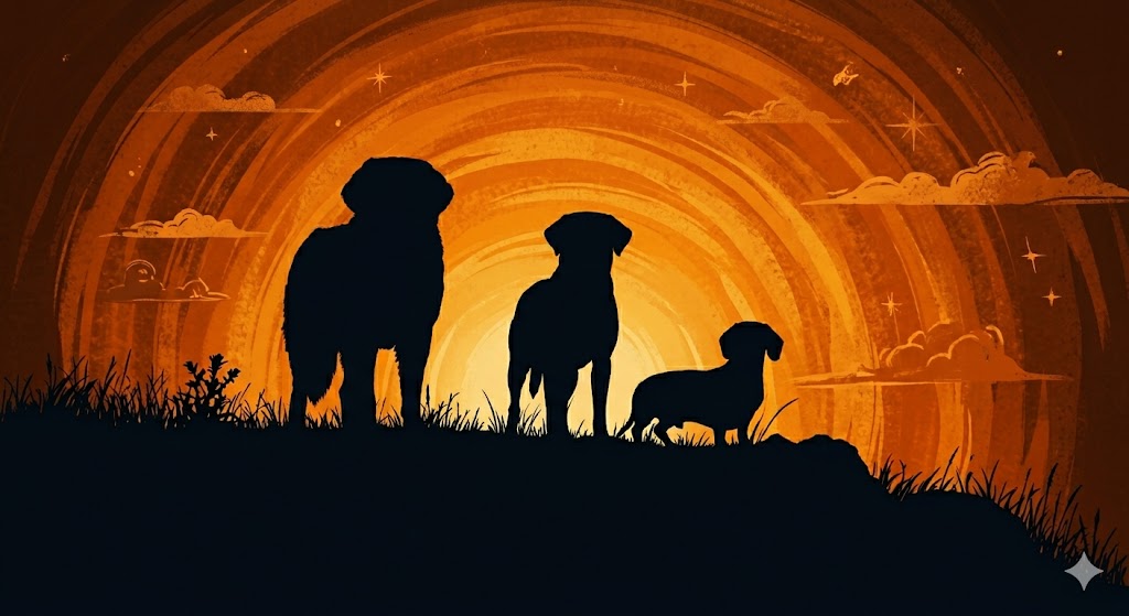 Three dogs silhouetted against an orange Bitcoin sunset